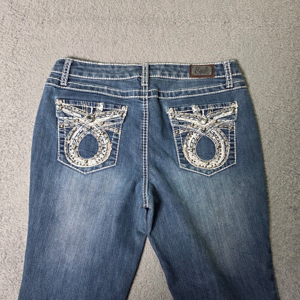 Earl Jean Womens 8P Bootcut Jeans Medium Wash Embellished Pockets Studded Blue